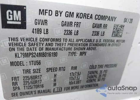 2021 Chevrolet Trailblazer Fwd Lt from USA, damaged, VIN KL79MPS24MB016180